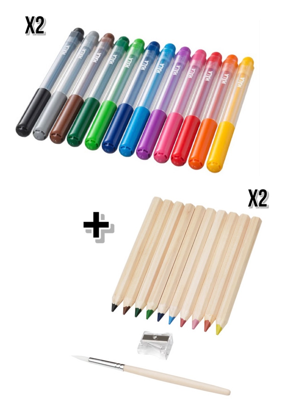 Set of Colorful Marker Pens & Colored Pencils with Brush and Sharpener